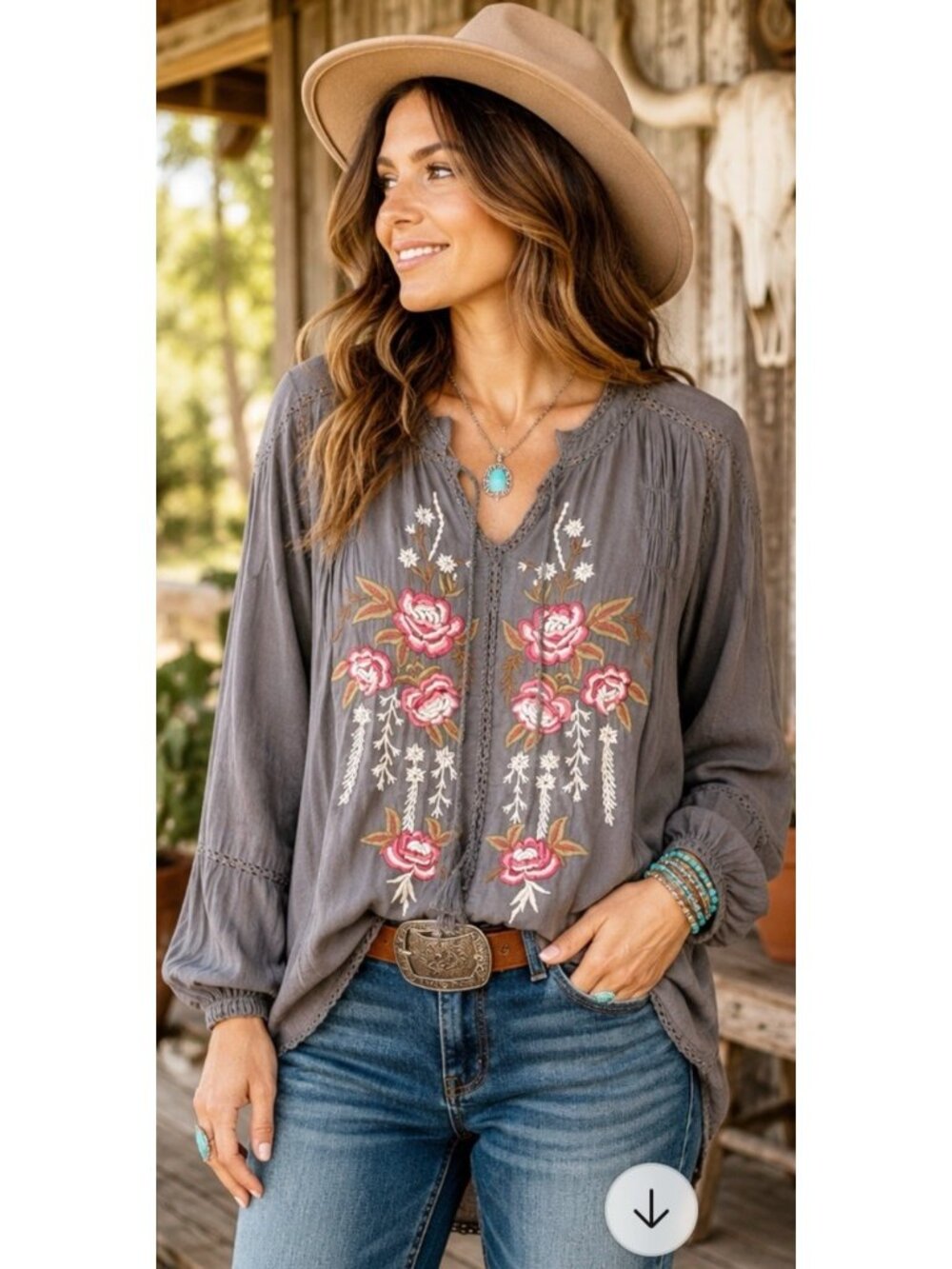 Kyla Seo Embroidered Floral Blouse Boho Western Gray Cotton Tunic Top SZ Medium